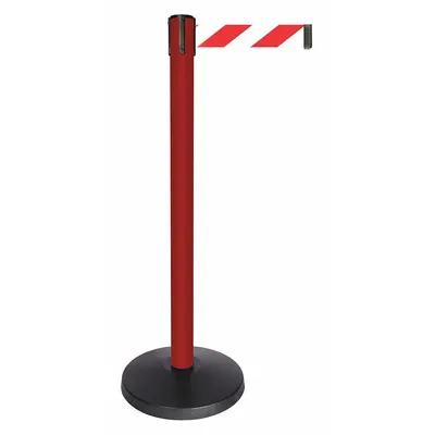 QUEUEWAY Barrier Post with Belt: Red, Chevron, No Legend, 10 ft Belt Lg, Red - Pattern Retractable Belt Post Barriers