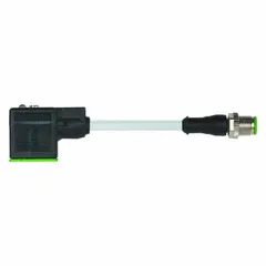 This cordset connects devices with a DIN Form A interface to M12-enabled controllers or I/O modules. It features an M12 male straight connector on one end and a DIN Form A connector on the other. The cable is 10 meters long with 18 AWG wire, a gray PUR jacket, and an IP67 rating.