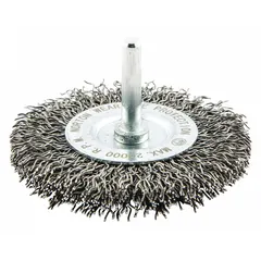 This light-cleaning brush is designed for carbon steel surfaces. It features a crimped steel fill of 0.02" and a 3 in diameter. The 1/4" shank allows use with rotary tools. Typical applications include removing rust, scale, and light burrs from corners, grooves, and hard-to-reach areas in metal fabrication and maintenance.