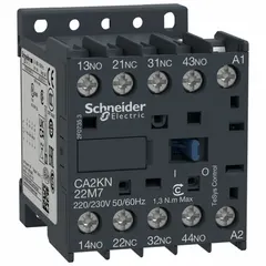 SCHNEIDER CA2KN22U7 is an IEC control relay with a 240V AC coil and 2 normally open plus 2 normally closed contacts rated at 10 A. It mounts on DIN rail or surface. Suitable for switching and controlling loads in industrial control circuits, motor control centers, and automation panels.