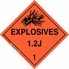 This BRADY placard is used to identify containers holding Class 1 explosives, specifically Division 1.2 with compatibility group J. It measures 10 3/4 x 10 3/4 inches and displays the message 'Explosives 1.2 J 1'. Suitable for application on shipping containers, trucks, or storage units to communicate the explosive hazard.
