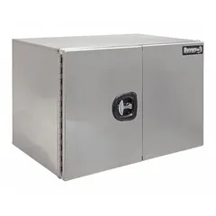 Aluminum double barn-door box for underbody truck storage. Provides secure, weather-resistant storage for tools and equipment. Suitable for service trucks, utility fleets, and industrial maintenance vehicles.