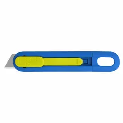 This automatic retracting utility knife features a plain edge steel tip and a button-operated retraction mechanism. The plastic handle is green. Overall length is 5-1/2 inches, overall width is 1 inch. Suitable for cutting cardboard, tape, shrink wrap, and packaging materials.