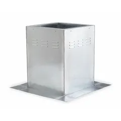 Galvanized steel square roof curb designed for mounting downblast fans on commercial or industrial roofs. Inside dimensions 25 x 25 in, outside width 28-1/2 in. Provides a stable, weatherproof base for roof penetration and ventilation. UL 705 listed.