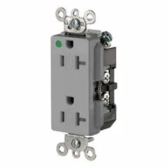 This LEVITON duplex receptacle is rated 125V AC, 20 A, with a 5-20R configuration and 2 Pole / 3 Wire design. The gray housing is suitable for general purpose use in commercial and institutional settings where a grounded power connection is required.