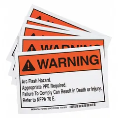 Adhesive vinyl warning sign (5 pack) measuring 5 in x 7 in. Displays arc flash hazard message requiring appropriate PPE per NFPA 70E. Non-retroreflective, non-glow-in-the-dark. Suitable for marking electrical hazard areas in industrial environments.