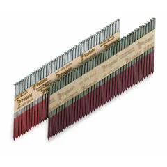 Collated framing nails in a 2,000-count tape pack. 3 1/4" length, galvanized finish, flat smooth steel with diamond point. Used for heavy-duty framing, sheathing, and roofing applications in wood construction.