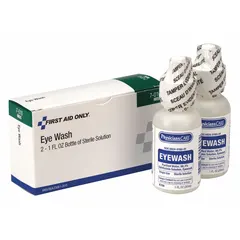 Sterile saline solution for flushing and soothing eyes exposed to dust, debris, or minor irritants. Supplied in a 1-ounce single-use bottle for portable emergency eye irrigation. Suitable for inclusion in first-aid kits, industrial safety stations, and medical facilities.