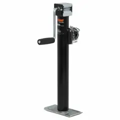 This CURT trailer jack is a sidewind, weld-on model with a foot-plate base. It has a static load capacity of 2,000 lb and a maximum lift height of 30-1/8 in. The sidewind handle allows operation from the side for clearance. Used for lifting and supporting trailer tongues during coupling, uncoupling, or leveling.