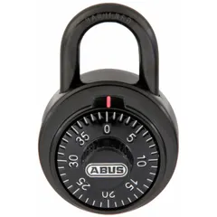 This standard shackle combination padlock features a black dial and a steel shackle. It is suitable for securing lockers, toolboxes, cabinets, and gates in industrial and commercial settings, providing keyless access control.