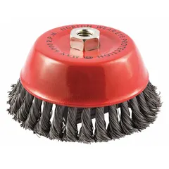 This cup brush is designed for heavy cleaning and surface preparation on contoured carbon steel surfaces. It features a 6 in diameter, 0.02 in fill diameter, and standard twist knot wire bristles. The brush connects via a 5/8"-11 arbor hole, suitable for aggressive deburring, rust removal, and weld cleaning.