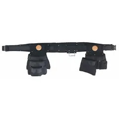 Padded tool belt with 11 pockets for organizing tools and accessories. Adjustable waist fits 36 to 40 inches. Black color. Designed for electricians.