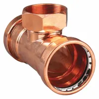 Copper press tee fitting for plumbing systems, sized 2 1/2 in CTS x 2 1/2 in CTS x 3/4 in Pipe. Used to create a branch connection in copper tubing, joining three pipe runs at a 90-degree angle. Suitable for commercial or industrial water supply lines