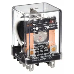Socket-mounted relay with DPDT contacts rated at 10 A and 12V DC coil. Features a square base with 8 pins for plug-in mounting, enabling easy installation and replacement in control panels. Suitable for general-purpose switching in industrial automation, HVAC, and motor control circuits.