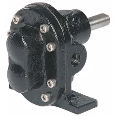 This pedestal-mount rotary gear pump features a cast iron body and 1/4" FNPT ports. It is rated for 4.8 gpm and does not include a relief valve. Suitable for transferring clean, non-abrasive fluids in industrial applications such as lubrication systems, coolant circulation, and chemical transfer.