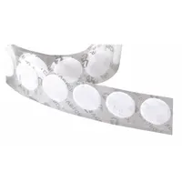 VELCRO BRAND pre-cut disc made of nylon with loop surface and acrylic adhesive backing. Overall diameter 1 3/8 in, white color. Used for temporary or semi-permanent fastening in industrial assembly, cable management, and mounting applications