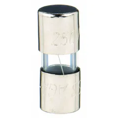 Fast-acting cylindrical fuse rated 2 A and 125 V AC. Physical size 1/4 in x 5/8 in. Provides overcurrent protection in electrical circuits, commonly used in automotive, marine, and low-voltage industrial equipment where rapid fault interruption is required.