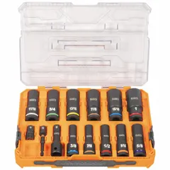 14-piece flip socket set with 1/2 in drive and 11 sockets ranging from 3/8 in to 1 in. Manganese phosphate finish provides corrosion resistance. Suitable for tightening and loosening fasteners in industrial maintenance, electrical work, and mechanical repair.