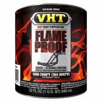 Solvent, ceramic, and metal-based flat black enamel for metal surfaces. Provides a durable, no-texture finish with a coverage area of 12 to 14 sq ft. Suitable for high-temperature applications such as exhaust systems and engine components