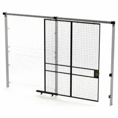 This steel slide door is a quick-assemble component for woven-wire partition systems. It measures 8 ft high by 6 ft wide by 1 3/4 in deep and has a black, powder-coated finish. Used to provide access control in industrial storage areas such as warehouses and distribution centers.