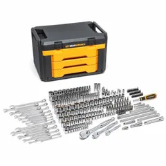 This 243-piece mechanics hand tool set includes both metric and SAE sizes, featuring 23 combination wrenches. The tools are organized in a portable tool case, suitable for automotive repair, equipment maintenance, and general mechanical work.