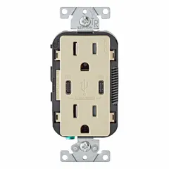 This weather-resistant decorator duplex receptacle combines a standard 5-15R 125V AC 15 A outlet with a USB Type C charging port. Suitable for indoor or protected outdoor use in residential and light commercial settings such as kitchens, offices, and hospitality areas.