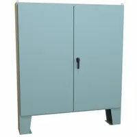 This steel enclosure measures 72 x 72 x 11 inches and is rated NEMA 12 for protection against dust, dirt, and non-corrosive liquids. It includes a panel, solid cover, and hinged door with a handle closure. Knockouts are not included. Typical applications include housing electrical controls and instruments in industrial environments