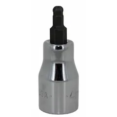 This ball-end hex bit socket features a 7 mm tip size and 3/8 in drive, with an overall length of 3 in. The ball hex tip allows off-angle engagement up to 25 degrees, enabling access to fasteners in confined or angled spaces. Suitable for use with hex fasteners in assembly and maintenance tasks.