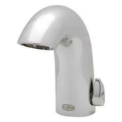 This ZURN Aqua-FIT® single-post sensor faucet is constructed of brass with a polished chrome finish. It is battery-powered and includes an in-line filter. The faucet features a spray function suitable for touch-free hand washing in commercial restrooms and public facilities.