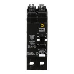 2-pole miniature circuit breaker from the EDB & EGB Series, rated 15 A at 277/480V AC single-phase. Provides overcurrent protection with a maximum interrupting rating of 35kA at 277/488V AC. Designed for bolt-on mounting in compatible panelboards for commercial and industrial electrical distribution systems.