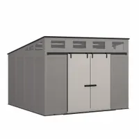 This plastic storage shed with a single-slope roof offers 1,152 cu ft of capacity, measuring 150 in W x 112 in D x 150 in H. The weather-resistant construction is suitable for outdoor storage of equipment, tools, and materials. Supplied unassembled in Black/Gray