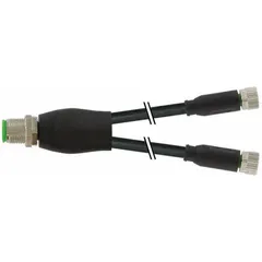 M12 male straight to two M8 female straight Y-distributor cordset with black PVC jacket. Cable length 0.3 m, wire size 0.25 sq mm, rated IP66K. Used to split a single M12 connection into two M8 connections in industrial automation and sensor networks, suitable for flexing applications and harsh environments.