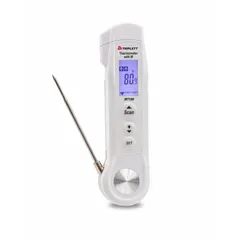 Digital stem thermometer with infrared measurement for checking internal and surface temperatures of food products. Features backlit LCD display, high/low alarms, and +/-1% accuracy. Plastic case and lens. Overall length 7 5/16 inches.