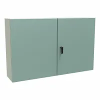 This steel enclosure measures 30 x 48 x 10 inches and is rated NEMA 12/3R for indoor dust-tight and outdoor rainproof protection. It features a solid hinged cover secured by latches. Knockouts are not included. Typical applications include housing electrical controls, terminals, and instruments in industrial environments