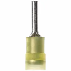 Insulated pin terminal with yellow nylon insulation and 0.11 in pin diameter. Butted seam style. Used for terminating electrical wires in control panels, industrial machinery, and power distribution systems.