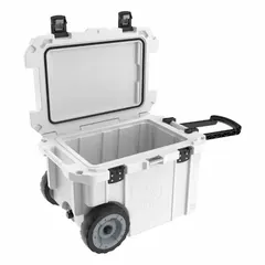 Heavy-duty chest cooler with 45 qt capacity, holds 36 cans. Features 10 day ice retention, includes drain plug and wheels for mobility. Suitable for transporting and storing perishables in demanding environments such as worksites and outdoor industrial settings.