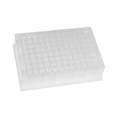 This 96-well plate features round wells with 1.2 mL capacity and 8.5 mm diameter, made of colorless polystyrene. It is RNase/DNase free, suitable for sample storage, processing, and assay workflows in life science laboratories.