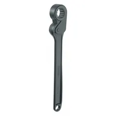 This metric single-end 12-point ratcheting box end wrench has a 32 mm head size and 16 in overall length with a 0° head offset angle. The chrome finish resists corrosion. It is used for tightening or loosening fasteners in confined spaces where a standard wrench cannot be repositioned easily.