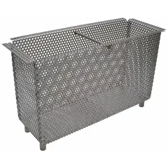 Stainless steel sediment bucket for trench drain systems, with unfinished finish. Overall dimensions: 12 1/4 in width, 12 1/4 in depth, 24 3/4 in height. Captures sediment and debris from runoff to prevent downstream clogging.