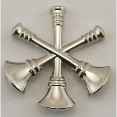 This metallic insignia features CF Fire Bugles design, measuring 3/4 inch, in silver color. Constructed from metal with a clutch pin attachment for secure fastening. Sold as a pair, suitable for uniform wear on collars or lapels to denote rank or affiliation.