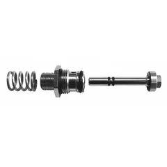 Stainless steel valve repair kit for Sani-Lav faucet foot pedal and knee pedal assemblies. Includes 1053S plunger, 1055S insert, and spring. Overall width 1 in. Used to restore water flow control in hands-free or foot-operated fixtures.