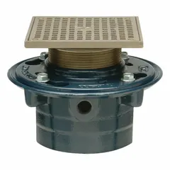 General purpose floor drain with 5 in grate and 3 in nominal pipe size. Cast iron construction in gray finish. Push On connection type. Includes clamping collar and hardware. Suitable for light-duty areas such as utility rooms, mechanical spaces, and covered walkways.