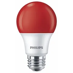 This LED lamp features an A19 classic shape with a frosted finish and a medium screw (E26) base. It operates at 8W and 120V AC, producing a 3000K warm white light. Suitable for general indoor lighting in standard fixtures, the colored appearance also provides decorative accent lighting.