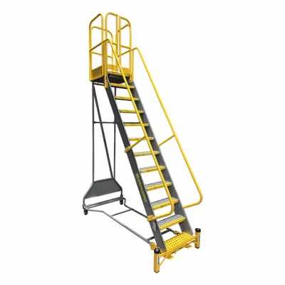 COTTERMAN Rolling Ladder: 10 ft Platform Ht, Partially Assembled, Foot-Activated Step Lock - Steel Safety Cage Rolling Ladders