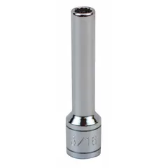 This 1/4" drive hand socket features a 3/16" SAE size with a 12-point, deep design for accessing recessed fasteners. The chrome finish provides corrosion resistance. Suitable for turning hex nuts and bolts in confined spaces during assembly and maintenance tasks.