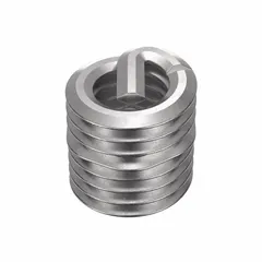 Free-running helical insert with tang for installation, M4-0.70 thread size, plain finish. Made from 18-8 stainless steel with tensile strength 200,000-250,000 psi. Used to repair or reinforce tapped threads in metal components, requiring a 4.2 mm drill size. Supplied in a 1,000-piece pack.