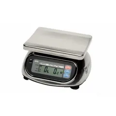 The A&D WEIGHING SK-10KWPF is a food scale with an LCD display, 0.01 lb/0.005 kg readability, and IP65 rating. Weighing surface measures 9 1/8 in wide by 7 1/2 in deep. Suitable for commercial kitchens and food processing environments where precise ingredient measurement and resistance to water jets and dust are required.