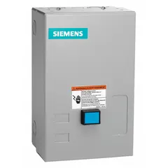 This enclosed non-reversing starter features electronic overload protection and is rated NEMA Size 3-1/2 at 115 A. It includes a 24V AC coil, screw terminals, a pilot light, and two 1NO auxiliary contacts. Suitable for starting and protecting three-phase motors in industrial applications such as pumps, conveyors, and compressors.