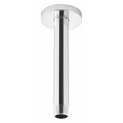 This flanged shower arm is made of brass with a polished chrome finish. It features an NPT connection and is designed for use with ceiling-mounted rain showerheads in residential or commercial bathroom installations.