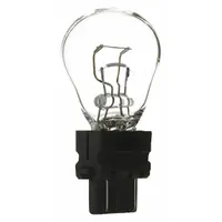 Incandescent bulb with S8 shape and plastic wedge double filament base (W2.5x16q). Operates at 14V AC. Trade number 3157 (P27/7W). Suitable for socket-mounted signaling and indicator applications such as turn signals, brake lights, and hazard warning lamps